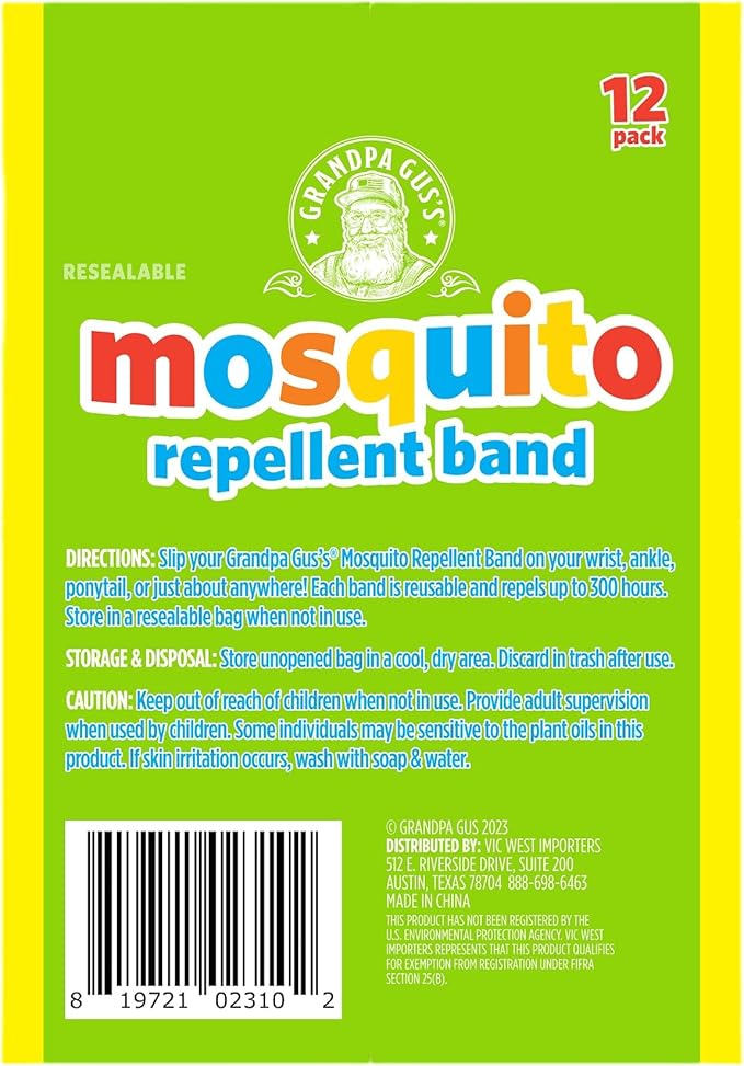 Grandpa Gus's Natural Mosquito Repellent Bracelets for Family, 300 Hours Protection, DEET-Free, Summer Outdoor Beach Camping Essentials, Regular Assorted Colors, 12 Bands