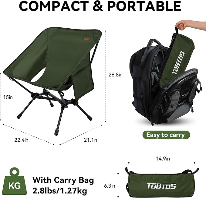 TOBTOS Portable Camping Chair, Support up to 330 LBS, Lightweight Folding Backpacking Chair for Outdoor Camp, Travel, Beach, Picnic, Hiking, Backpacking (Green)