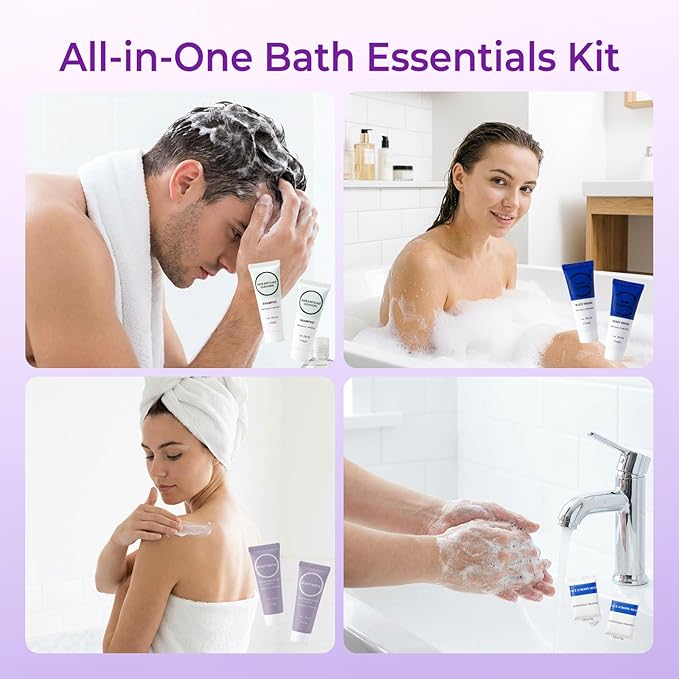Toiletries Individually Wrapped Set Bulk, Travel Size 1 Fl oz Mini Body Wash Body Lotion Shampoo Conditioner 0.88 oz Bars Soap Toiletry Kit Guest Amenities for Hotel/Shelter/Homeless (Pack of 25)