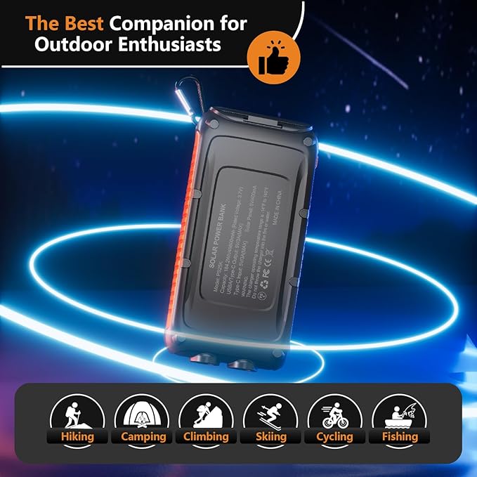 Solar Charger Power Bank 49800mAh,Portable Solar Phone Charger with 2 USB-A，1 Type-C Interface，15W Fast Charging for iPhone Samsung Etc,Portable Battery Charger with Dual Flashlight for Camping
