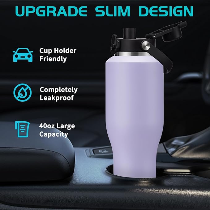 40 oz Insulated Water Bottle with Straw - Spout Lid, Carrying Case, Metal Thermal Hydro Travel Mug Flask for Cup Holder, Keep Cold 48H Hot 24H
