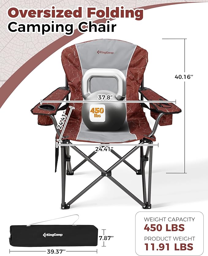 KingCamp Oversized Camping Folding Chair, Heavy Duty 450 LBS with Lumbar Support, Padded seat with Cup Holder&Cooler Bag, Ideal for Camp, Fishing, Sports Event, Backyard, Patio, Lawn(Lava Red)