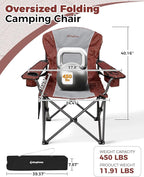KingCamp Oversized Camping Folding Chair, Heavy Duty 450 LBS with Lumbar Support, Padded seat with Cup Holder&Cooler Bag, Ideal for Camp, Fishing, Sports Event, Backyard, Patio, Lawn(Lava Red)