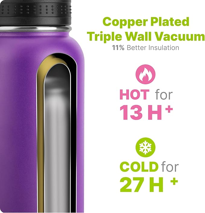Insulated Water Bottle-32 oz Stainless Steel Vacuum Wide Mouth Sports Flask with Silicone Boot-Reusable Metal Leak Proof Travel Water Bottle for Girls Boys, BPA-Free(Purple Pink)