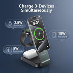 3-in-1 Wireless Charging Station for Apple Devices, Qi2 Certified 15W Charger Stand, Magnetic Foldable Fast Charger for iPhone 17/16/15/14/13/12, Apple Watch, AirPods (30W USB-C Charger Included)