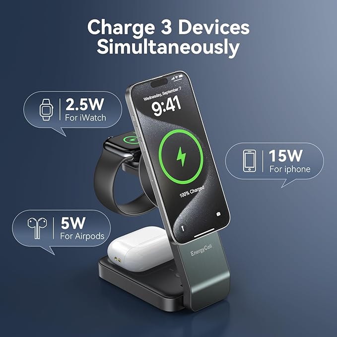 3-in-1 Wireless Charging Station for Apple Devices, Qi2 Certified 15W Charger Stand, Magnetic Foldable Fast Charger for iPhone 17/16/15/14/13/12, Apple Watch, AirPods (30W USB-C Charger Included)