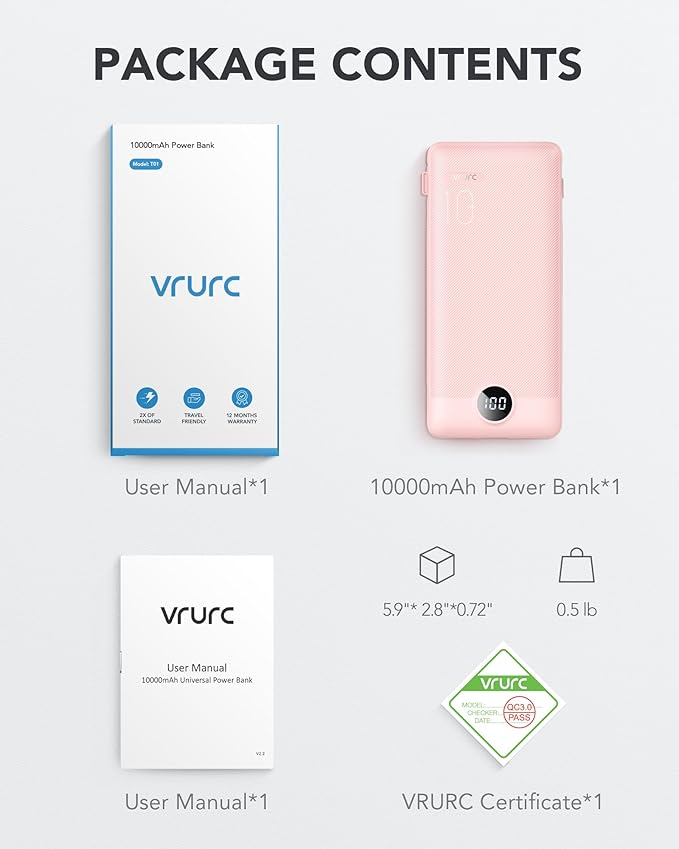 VRURC Portable Charger Built-in Cables and AC Wall Plug, USB C Power Bank 10000mAh, Travel Essentials Phone Charger Compact Lightweight External Battery Pack for Smart Phones, Tablets etc-Pink