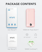 VRURC Portable Charger Built-in Cables and AC Wall Plug, USB C Power Bank 10000mAh, Travel Essentials Phone Charger Compact Lightweight External Battery Pack for Smart Phones, Tablets etc-Pink