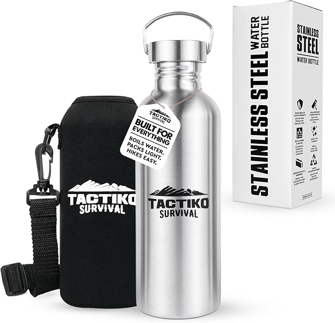 Tactiko Survival Stainless Steel Wide Mouth Water Bottle, Single Wall Boil-Safe, Leakproof, BPA-Free with Carry Sleeve and Strap for Camping, Hiking, Outdoor Prep (Black, 34 oz / 1000 ml)