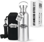 Tactiko Survival Stainless Steel Wide Mouth Water Bottle, Single Wall Boil-Safe, Leakproof, BPA-Free with Carry Sleeve and Strap for Camping, Hiking, Outdoor Prep (Black, 34 oz / 1000 ml)