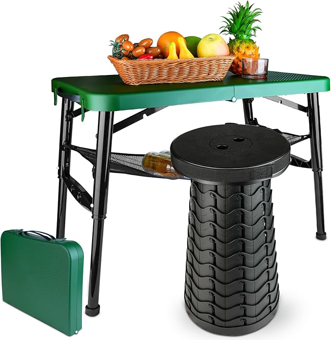 Portable Folding Table and Stool Set, Lightweight Foldable Table & Collapsible Stool for Camping Picnic Beach Fishing, Sturdy Small Outdoor Table with Mesh Layer Storage