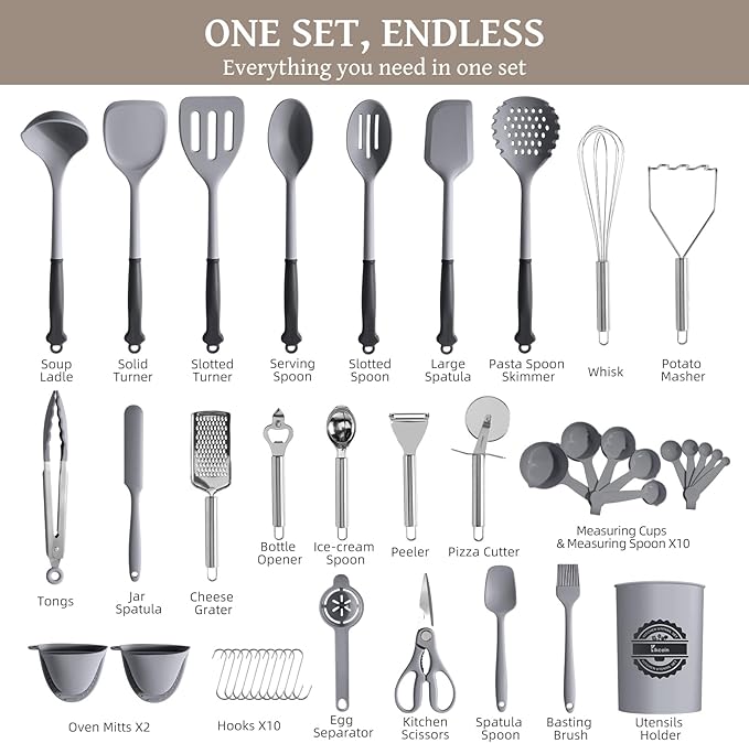 Kikcoin 43Pcs Large Kitchen Utensils Set - Silicone Cooking Utensils Set, Dishwasher Safe Spatula Set for Non-stick Cookware, 446°F Heat Resistant Kitchen Utensils Set with Holder BPA Free, Grey