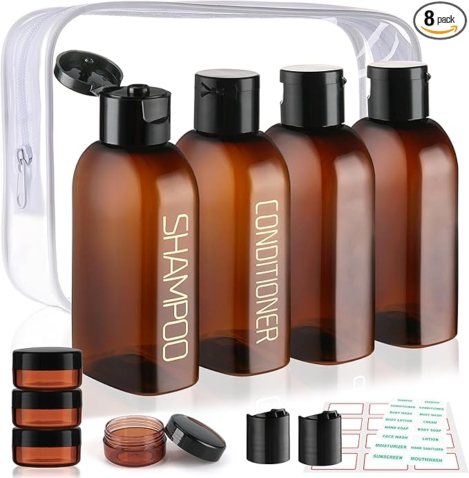 Cosywell Travel Bottles for Toiletries 4PCS 3.4oz/100ml Plastic Squeeze Bottles TSA Approved Travel Size Containers Leakproof Plastic Cream Jars Refillable Cream Lotion(Brown)