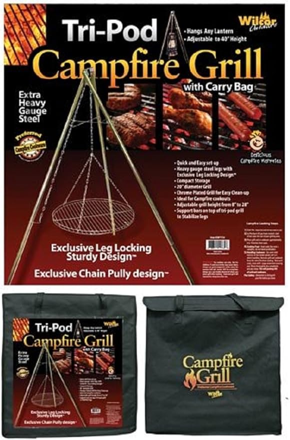 Wilcor Campfire Tri-Pod Grill (Adjustable Height & Quick Setup)