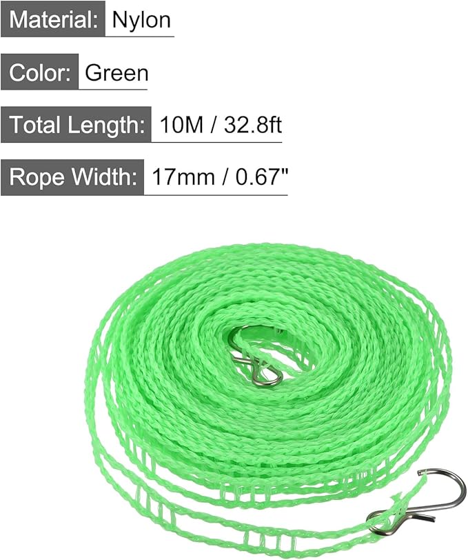 uxcell Portable Clothesline, 32.8ft Nylon Windproof Non-Slip Washing Line Rope for Courtyard Outdoor Travel Camping Laundry Drying, Green