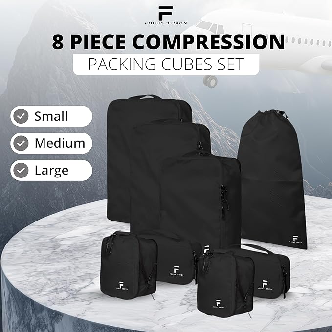 8 Piece Compression Packing Cubes Set - Double Capacity Design for Travel - Small, Medium & Large Sizes - Carry-On Suitcase Organizer Bags (Black)