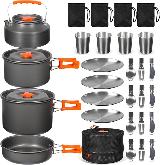 REDCAMP 6/10/11/12/14/15/19 PCS Camping Cookware Mess Kit Camping Gear Campfire Utensils Lightweight Stackable Pot Pan Bowls Soup Spoon with Storage Bag for Camping, Backpacking, Outdoor Cooking