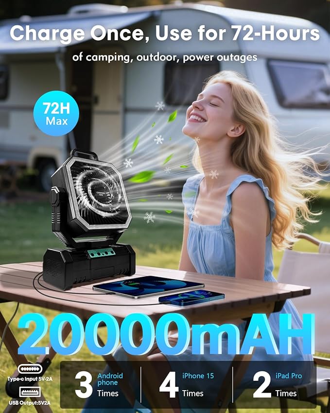 Camping Fan with Bluetooth Speaker Portable Fan,20000mAh Rechargeable Battery Powered Fans,Quiet 4-Speeds, 4-LED Light,360° Hanging Hook for Outdoor Picnic Tent Beach Travel Barbecue, Black