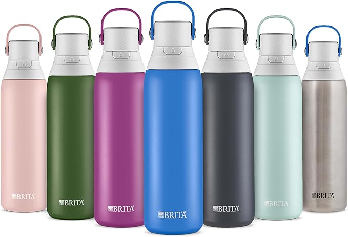 Brita Stainless Steel Premium Filtering Water Bottle, BPA-Free, Reusable, Insulated, Replaces 300 Plastic Water Bottles, Filter Lasts 2 Months or 40 Gallons, Includes 1 Filter, Stainless - 20 oz.