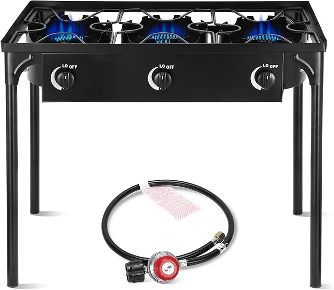 Outdoor Camping Stove, 225000 BTU, Propane Gas Cooker with Detachable Legs, High Pressure 3 Burner, 30 PSI Regulator