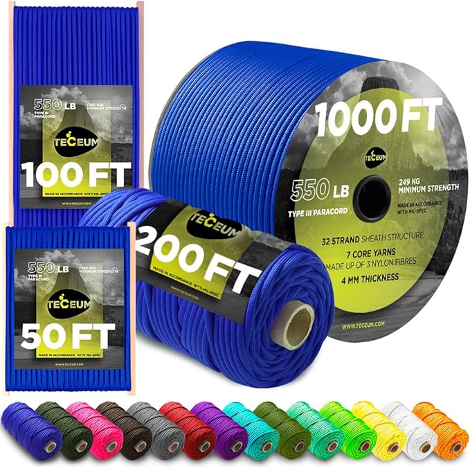 TECEUM 5/32" Paracord Rope 1000 – 1000ft / 200ft / 100ft / 50ft – Tactical Parachute Cord 4mm – 45+ Colors – Nylon String for Survival & Camping Gear – Stripe Cord for Survival – Utility Rope