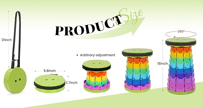 2 Pack Upgraded Collapsible Stool Folding Stool with Cushion,Retractable Folding Stool Max Load Capacity 400lbs, Portable Telescoping Stools for Camping Hiking Outdoor BBQ -Rainbow-Green