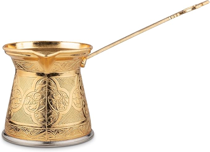 Alisveristime Authentic Turkish Coffee Pot, Handmade Cezve/Ibrik, 4-Inch Width, 4-Inch Height - 20.28 Ounce Enhance Your Coffee Experience Now! (6 Cup) (Gold)