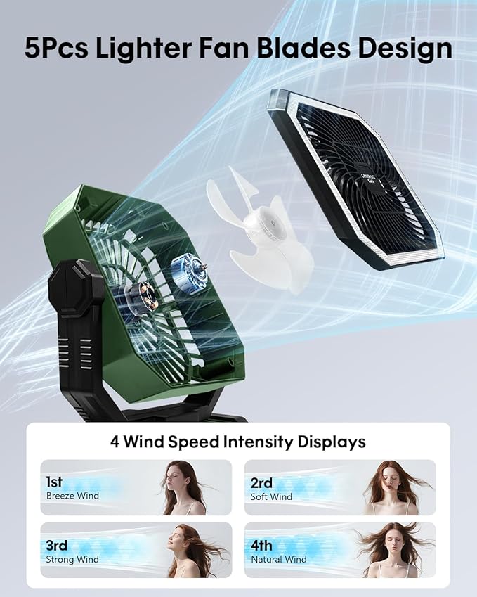 Camping Fan, Portable Fan 20000mAh Rechargeable Battery Powered Fans, Quiet 4-Speeds, 4-LED Light,360° Hanging Hook for Outdoor Picnic Tent Beach Travel Barbecue, Green
