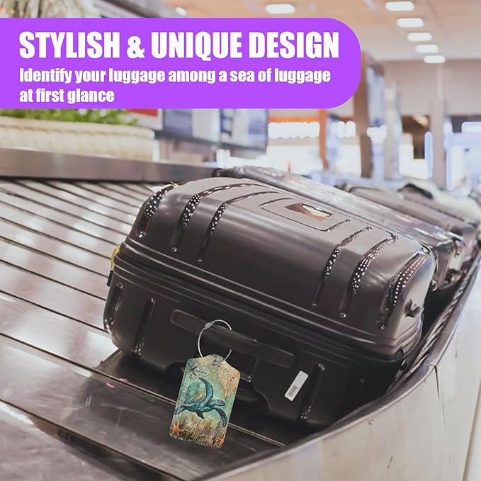 3 Pack Vintage Sea Turtle Luggage Tags for Suitcase PU Leather Travel Luggage Tag Privacy Cover ID Label for Women Men Baggage Backpack Handbag School Bag