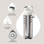 IDEUS Insulated Stainless Steel Water Bottle with 2 Leak-Proof Lids, Thermal Water Flask for Hiking Biking, 24oz, White