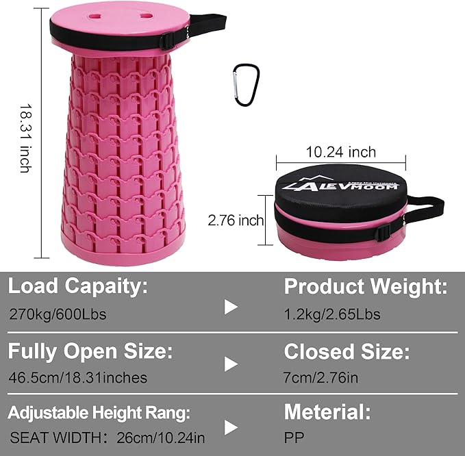 ALEVMOOM Upgraded Collapsible Stool with Thickened Cushion 18.1",600Lbs Max Weight Wider & Taller Pop Up Stool, Heavy Duty Portable Retractable Folding Chair or Travel Foot Rest for Camping, Outdoors