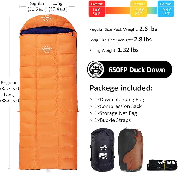 -10°F 0°F 10°F 15°F Down Sleeping Bag for Adults,800/650 Fill Power,Ultralight Wearable 4 Season Cold Weather Rectangle Sleeping Bag for Camping Hiking,Can be Used as a Down Blanket or Cloak