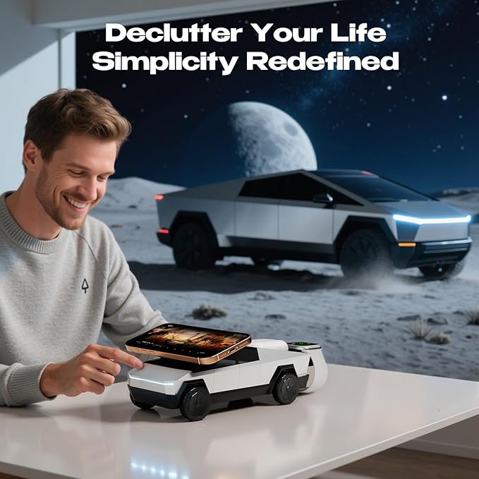 CyberDock 3-in-1 Wireless Charging Station for iPhone with Car Model 1:25 Scale, Qi2 Certified Mag-Safe Charger for iPhone iWatch AirPods, Rotating Charger with Ambient Light, 30W Adapter, Sliver
