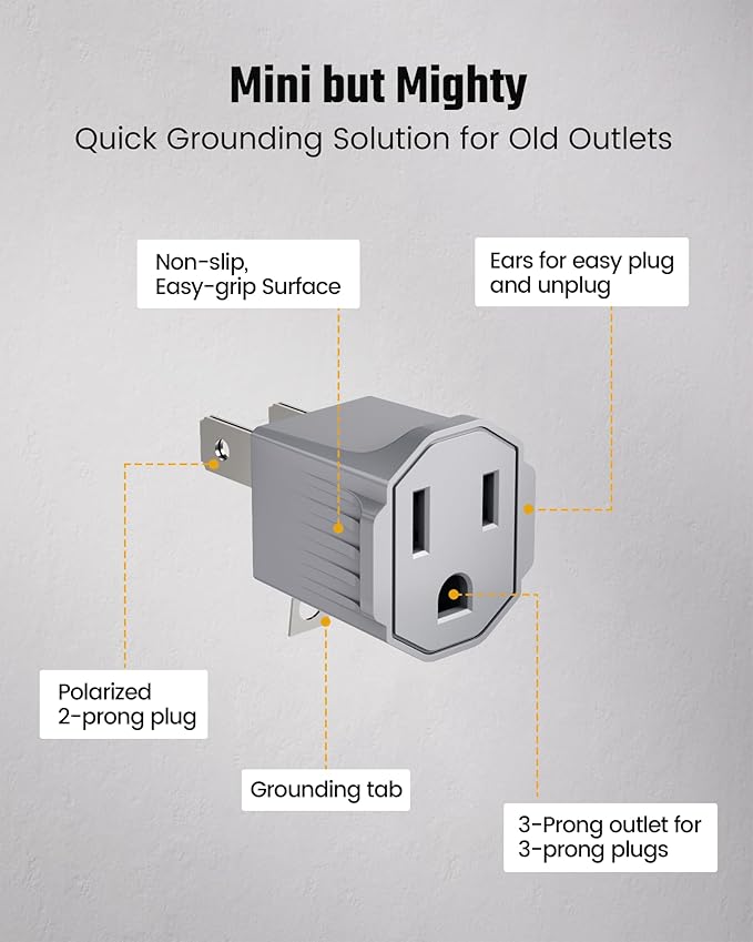 2 Prong to 3 Prong Outlet Adapter, ETL Listed 3-2 Prong Adapter, Fire-Retardant (392℉) PBT Material, Heavy Duty Wall Plug Adapter for Old Homes, Travel to Japan, Gray (Light Gray (4-Pack))