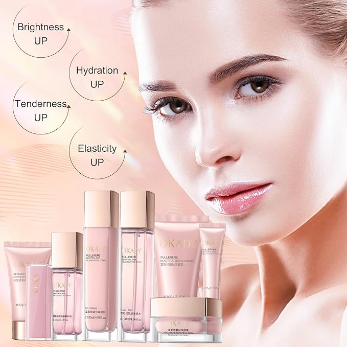 8-in-1 Skincare & Makeup Gift Set with Antioxidant Complex – Cleanser, Toner, Lotion, Serum, Eye Cream, BB Cream & Velvet Lip Color – Hydrating Routine for All Skin Types, Daily Glow Essentials ﻿