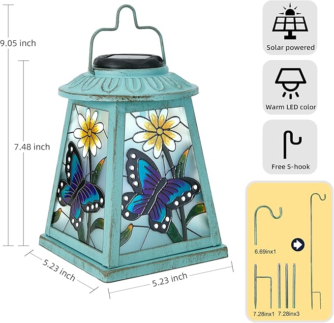 Solar Lantern with Shepherd Hook, Hanging Lantern with LED Lights, Outdoor Waterproof Solar Lanterns Metal Lamp Decoration Garden Patio Yard Pathway, Gifts for Mom Grandma Women, Butterfly