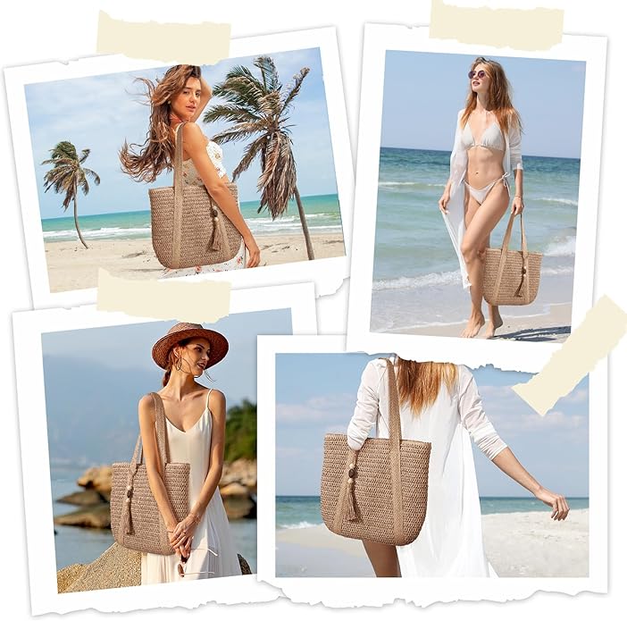 Beach Bags for Women - Straw Bag with Zipper, Soft Woven beach bag, Casual Straw Shoulder Bag for Daily Use