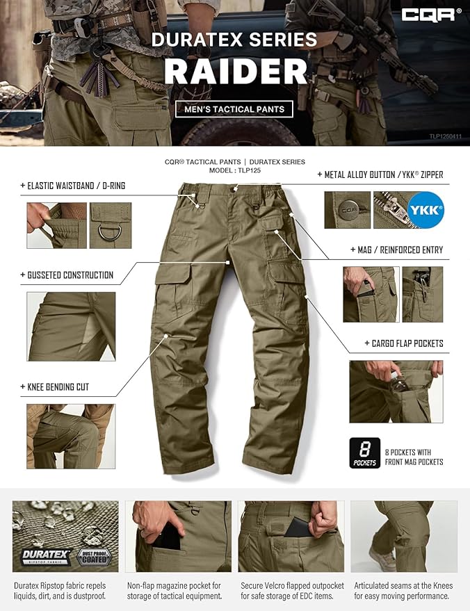 CQR Men's Tactical Pants, Water Resistant Ripstop Cargo Pants, Lightweight EDC Work Hiking Pants, Outdoor Apparel