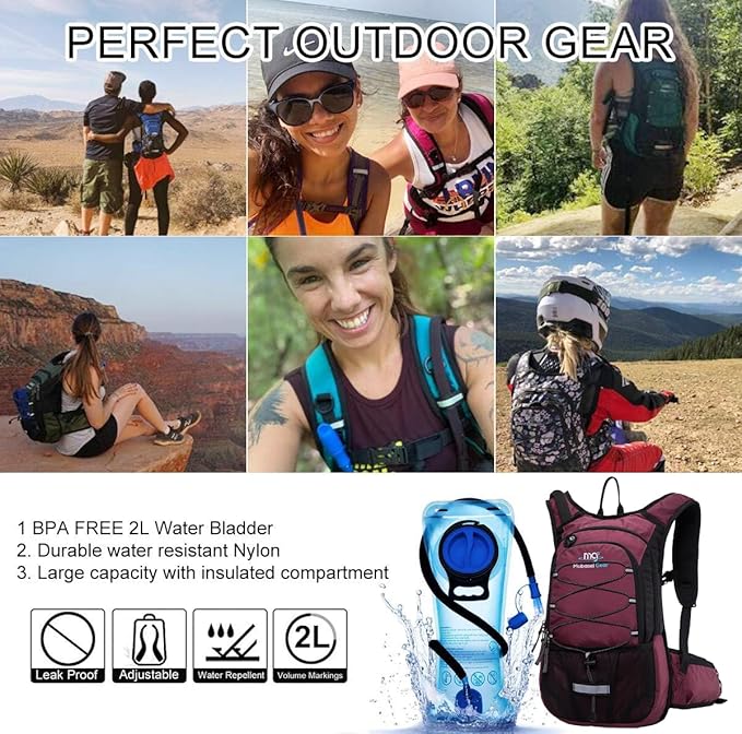 15L Insulated Hydration Backpack Pack with 2L Water Bladder Lightweight Hiking Backpack Bag for Women Men Daypack for Hiking Running Festival Camping Biking