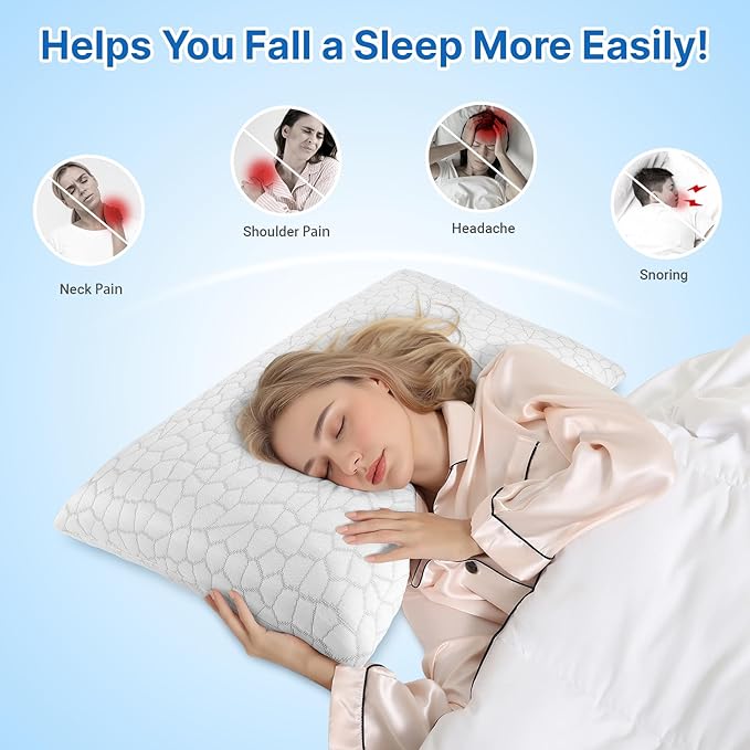 Cooling Memory Foam Pillows, Cooling Bed Pillow, Bed Pillow for Side, Back and Stomach Sleepers, Neck Pillow for Sleeping with Removable and Machine Washable Cover, Queen Size (2 Pack)