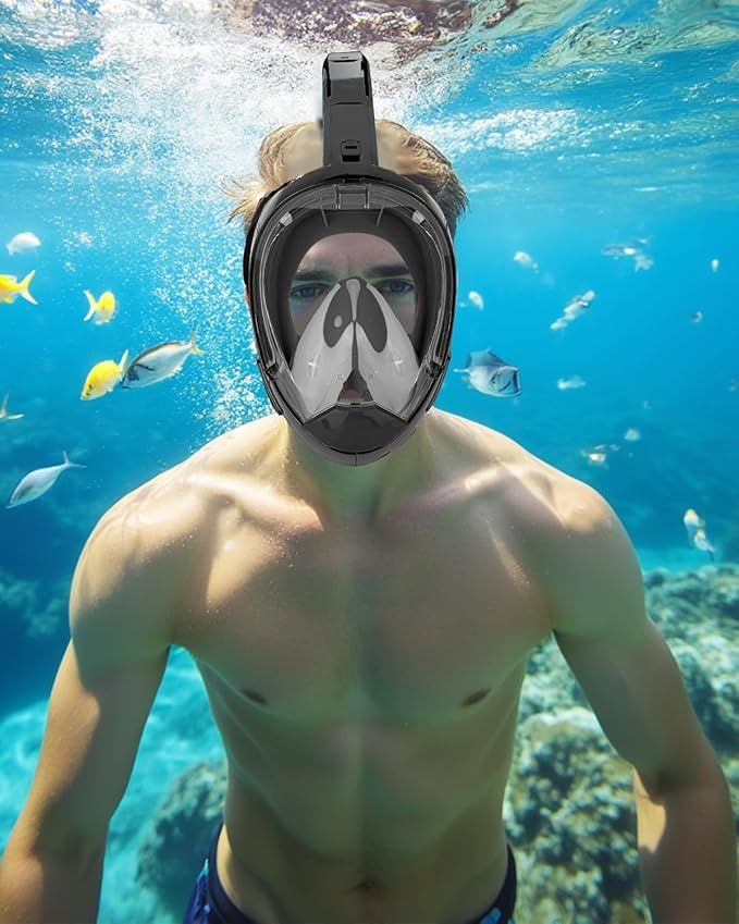 Full Face Snorkel Mask for Adults with Dry Top System 180 Degree Panoramic View Snorkeling Gear with Camera Mount Safe Breathing Anti-Leak Anti-Fog