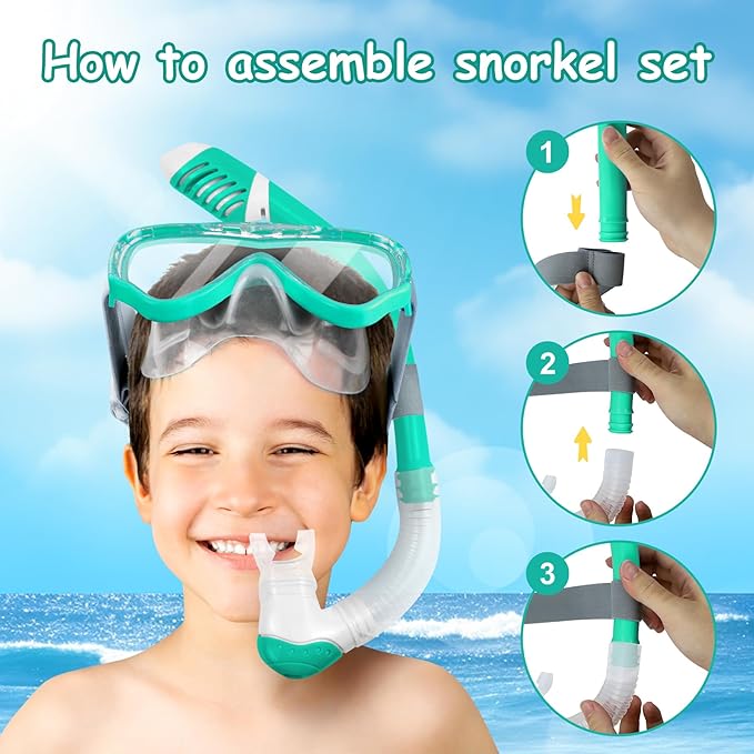 Vvinca Snorkeling Gear for Kids Dry Top Kids Snorkel Set for Boys Girls Junior Youth Children Age 4-14 Swim Goggles with Nose Cover Anti-Fog Panoramic View Adjustable Elastic Diving Mask and Snorkel