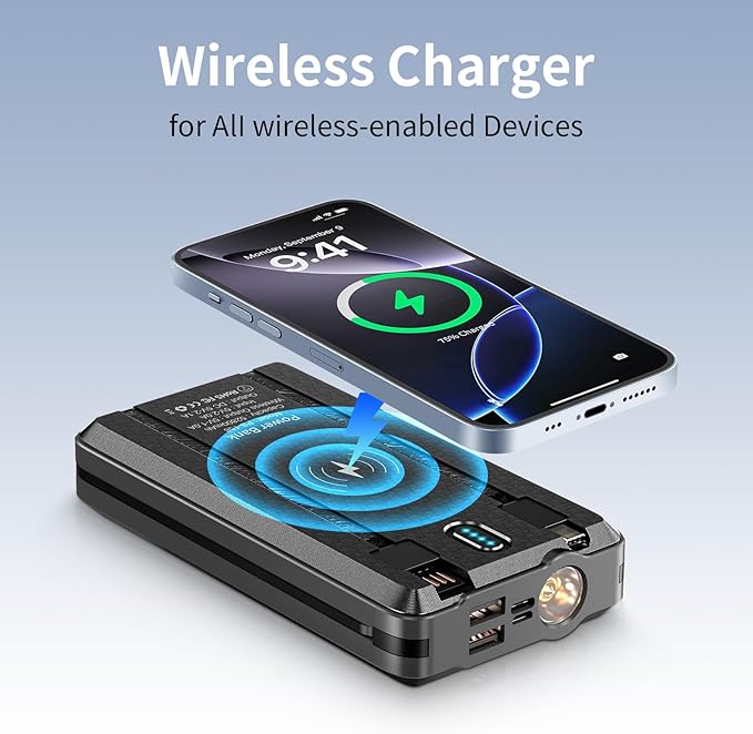 Solar Power Bank Portable Charger 52800mAh 5V/3A Fast Charging Battery Pack with Built in 4 Cables 2 Outputs & LED Flashlight for All Mobile Devices Camping Traver Outdoor