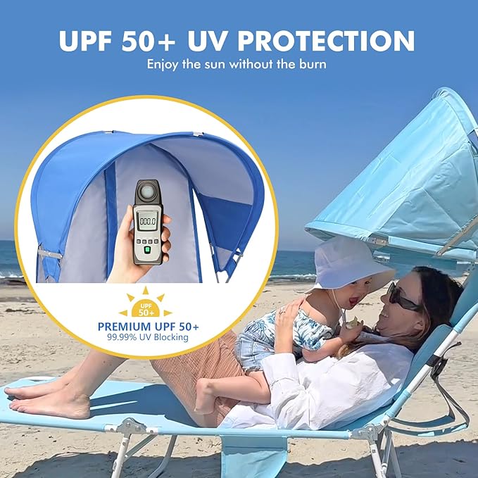 Backpack Beach Tanning Chair with Canopy and Face Hole, 6-Position Folding Lay Out Lounge Chair, UPF 50+ Wind-Resistant Sun Shade, Portable Recliner for Sunbathing, Outside, Poolside, Lawn, Patented