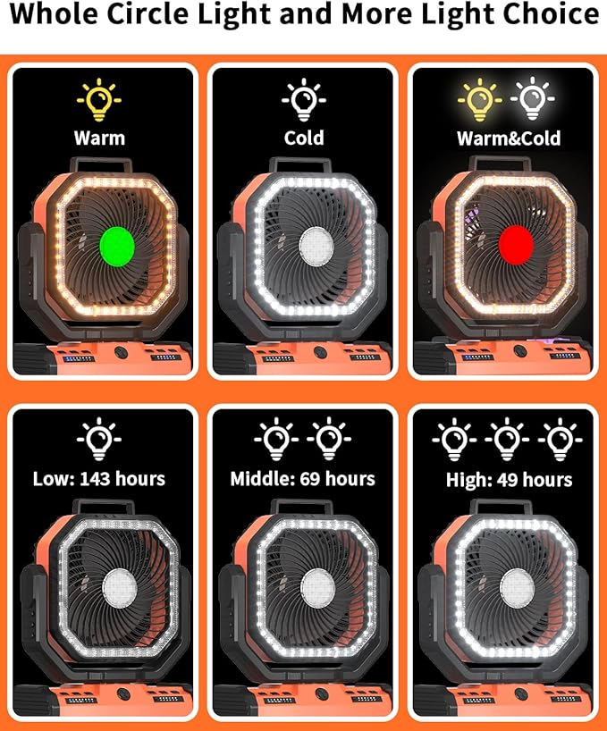 ADUST 12 Inch Camping Battery Operated Powered Fan with LED Lantern Light,44000mAh Rechargeable Portable Oscillating Fan with 360° Rotation Hanging Hook for Tents, Cordless USB Desk Fan(Orange)