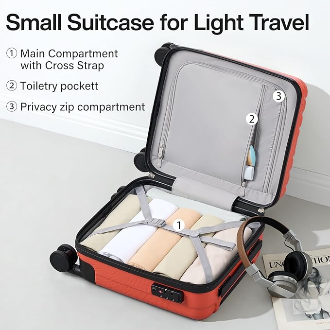 Hanke 14 Inch Underseat Carry On Luggage with Wheels Hard Shell Suitcases Lightweight Small Luggage for Weekender Mini Suitcase Carry On Bag Travel Luggage for Travel Rolling Suitcase.(Orange)