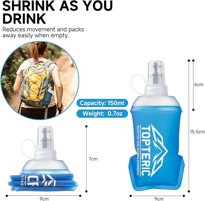 Collapsible Soft Flask Water Bottle, TPU Soft Folding Flexible Water Bottles for Hydration Pack/Running Vest, BPA/PVC Free, Ideal for Running Hiking Cycling Climbing (150ml-2 Pack)