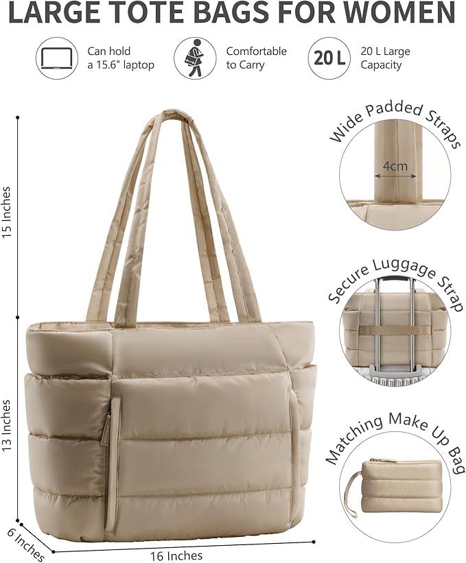 Puffer Tote Bag for Women, Lightweight Puffy Work Handbag Teacher Nurse Quilted Shoulder Bag for School Travel Gym