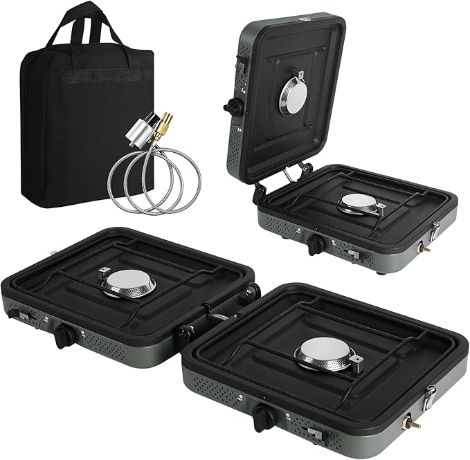 2 Burner Propane Camping Stove with Grill and Carrying Bag, Portable Folding Camp Stove with 17,000 BTU Adjustable Burners for Backpacking, Picnics, Outdoor Cooking