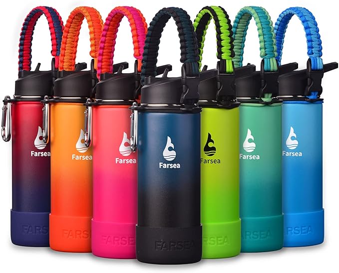 Farsea Insulated Water Bottle With Paracord Handle, Protective Silicone Boot and 2 Lids (Straw Lid & Spout Lid), Stainless Steel Water Bottle Wide Mouth, Double Wall Sweat-Proof BPA-Free, 18 oz